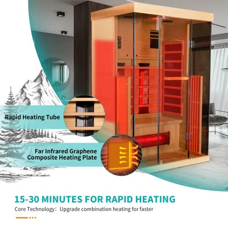 SWHSE 1-2 Person Infrared Sauna 15 Minutes Pre-Warm up Far Infrared Sauna for Home with 7 Colors Chromo Therapy Lighting and Full View Tempered Glass,2-in-1 Towel Holder SWHSE