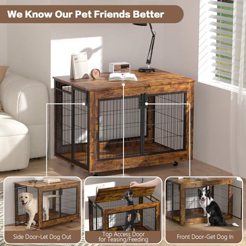 EasyCom Dog Crate Furniture, Extra Large Dog Kennel Indoor with Top-Access Teasing/Feeding Door, Spacious Dog House Moveable Furniture-Style Dog Cage with Wheels Double Doors - WoodArtSupply