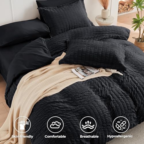 HYMOKEGE Black Queen Comforter Set Seersucker 7 Pieces, All Season Luxury Bed in a Bag for Bedroom, Bedding Set with Comforters, Sheets, Pillowcases & Shams HYMOKEGE