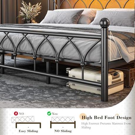 EnHomee 54" King Bed Frame with Tall Storage Headboard, Metal King Size Bed Frame with LED Lights and Power Outlets, Sturdy & Noise-Free, Metal Slats, No Box Spring Needed, Black EnHomee