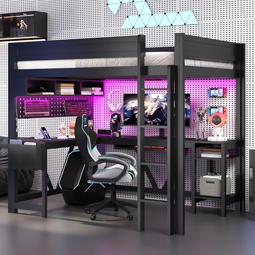 SOFTSEA Full Size Gaming Loft Bed with Desk, Wooden Loft Bed with LED Light and USB Ports, Wood Gaming Bed with Desk Underneath and Storage for Teens Adults, Black SOFTSEA