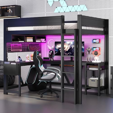 SOFTSEA Full Size Gaming Loft Bed with Desk, Wooden Loft Bed with LED Light and USB Ports, Wood Gaming Bed with Desk Underneath and Storage for Teens Adults, Black SOFTSEA