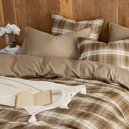 Wake In Cloud - Plaid Comforter Set, Scottish Tartan Check Geometric Modern Pattern Printed, Soft Lightweight Bedding, 3 Pieces, Brown, Full Size Wake In Cloud
