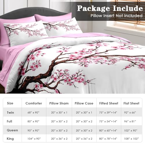 Pamnest Comforter Set King Size, Japanese Cherry Blossom 7 Pcs Bedding for Kids and Adults, Flower Painting Pink Bed Sheet Sets with Fitted Sheet 2 Pillowcase & 2 Sham for Bedroom Bed Decor Pamnest