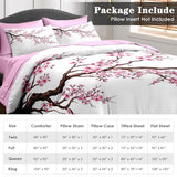 Pamnest Comforter Set King Size, Japanese Cherry Blossom 7 Pcs Bedding for Kids and Adults, Flower Painting Pink Bed Sheet Sets with Fitted Sheet 2 Pillowcase & 2 Sham for Bedroom Bed Decor Pamnest