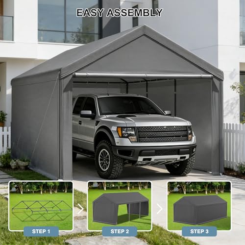 Carport 10x20ft Heavy Duty Canopy,Portable Garage Party Tent,Portable Garage with Removable Sidewalls & Doors All-Season Tarp for Car,Truck,Party Grey Grezone