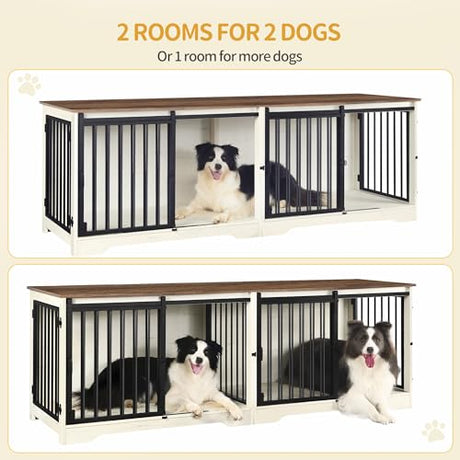 Hzuaneri 78" Dog Crate Furniture for 2 Dogs, Double Dog Cage with Divider, Wooden Heavy Duty Dogs Kennel, Pet Cage with Barn Door, TV Stand for Large Small Medium Dogs, White Brown DFC83714BV1 Hzuaneri