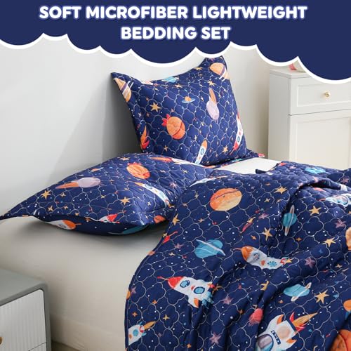 CIMVI Space Rocket Universe Quilt Set Twin for Kids Boys Bedding Sets with Pillowcase Soft Microfiber Bedspread Lightweight Cute Summer Quilted Blanket All-Season CIMVI