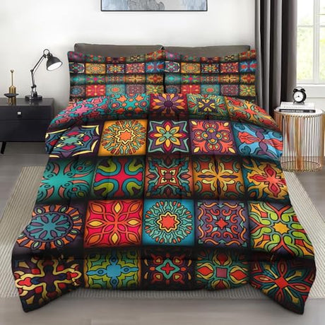 Pamnest Comforter Set Full Size, Colorful Vintage Floral 3 Pcs Soft Bedding for Kids and Adults, Mandala Bohemian Flower Comforter Set with Pillowcase, for Bedroom Bed Decor Pamnest