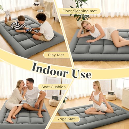 DOWNSTORIA Japanese Floor Mattress, Foldable Futon Mattress Tatami Mat with Handle, Roll Up Dormitory Sleeping Pad for Camping, Guestroom Bed, Full Size, Grey DOWNSTORIA