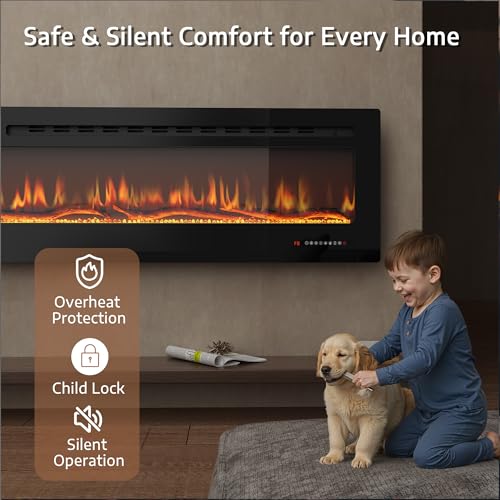 HOMTHING 70" Smart WiFi Electric Fireplace, Wall Mounted & Recessed, App & Remote Control, Ultra-Thin 750W/1500W Fireplace with Touch Screen, 12H Timer, 5 Realistic Flames, Log & Crystal (70" WiFi) HOMTHING