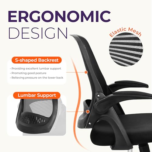 NEO CHAIR Office Desk Computer Gaming Ergonomic Chair with Lumbar Back Support Adjustable Height Swivel Wheels Flip-up Arms Mesh Chair for Home or Office (Black) NEO CHAIR