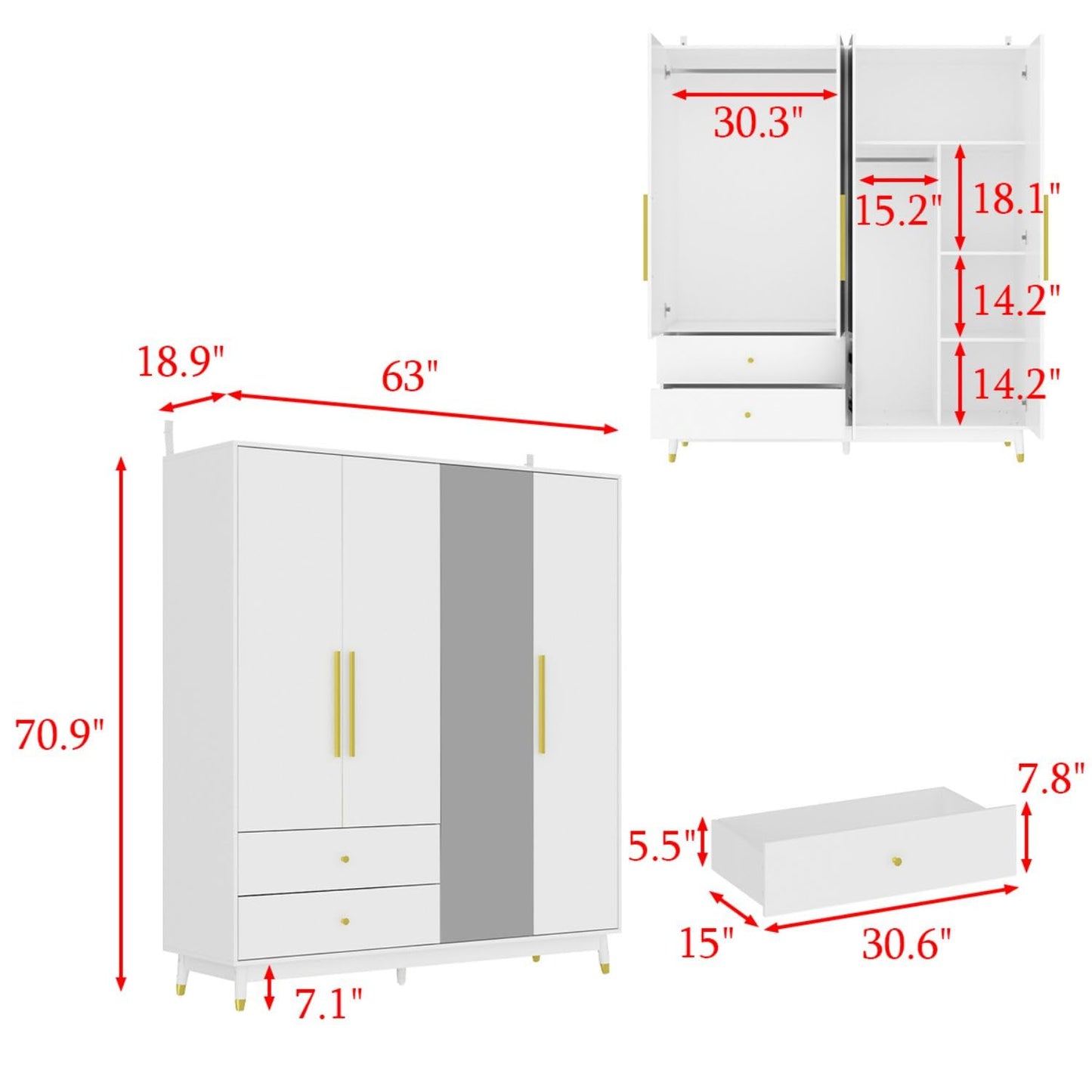 MOUMON 4-Door Wardrobe with Mirror & 2 Drawers, Armoire Wardrobe Closet with 2 Hanging Rods, Armoire Closet with Wooden Legs, Closet for Bedroom White (63”W x 18.9”D x 70.9”H) - WoodArtSupply