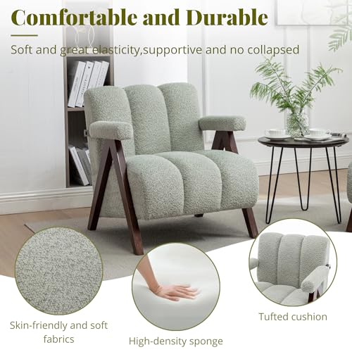 DRKAT Mid Century Modern Accent Chair with Solid Wood Frame, Boucle Upholstered Living Room Chairs with Thick Cushion, Comfy Tufted Arm Chair for Bedroom, Sage DRKAT