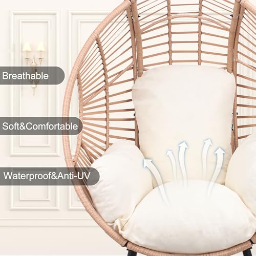 LUTINLIX Oversized Wicker Egg Chair Outdoor Indoor,Patio Lounge Chair with Thicken Cushions, Egg Reading Chair 500lbs Capacity for Garden, Backyard, Porch,Bedroom (Beige-Regular, 1pcs) LUTINLIX