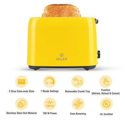 iSiLER 2 Slice Toaster, 1.3 Inches Wide Slot Bagel Toaster with 7 Shade Settings and Double Side Baking, Removable Crumb Tray, Defrost Cancel Function Yellow