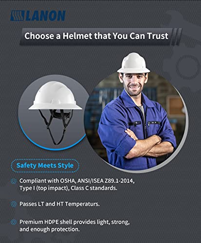 LANON White Full Brim Hard Hat, OSHA Construction Work Approved, HDPE Safety Helmet with 4 Point Adjustable Ratchet Suspension, Class E, G & C LANON Protection