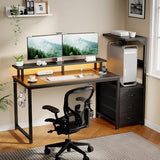 DUMOS L Shaped Gaming Desk with Shelves Storage Drawers 52'', Black Computer Desks with LED Lights Power Outlets, Office Wood Table with PC Stand Cable Management for Bedroom Dual Monitor Streaming DUMOS