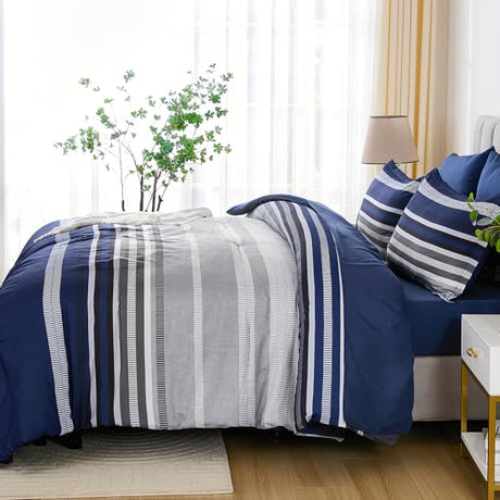 Dobuyly Navy Blue Queen Comforter Set 7 Pieces, Boho Striped Bed in a Bag Queen Size Soft Microfiber All Season Bedding Set with Comforter, Sheets, Pillowcases & Shams Dobuyly