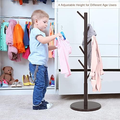 Wooden Freestanding Coat Tree with 4 Height Options and 9 Hooks, Sturdy Coat Rack Stand for Clothes/Bags/Hats,Easy Assemble Save Space for Entryway,Bedroom,Office,Narrow Place-Coffee - WoodArtSupply