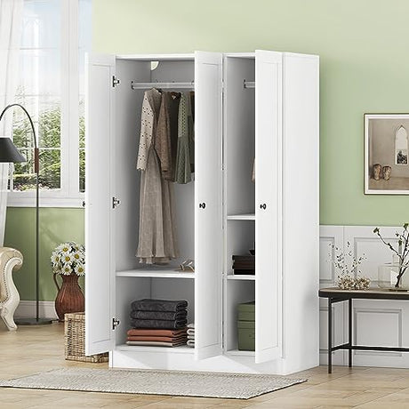 WADRI 3-Door Shutter Wardrobe with Shelves and Hanging Rod, Wardrobe Armoire Closet with 3 Door, Wood Clothes Storage Cabinet Organizer, Clothes Storage Cabinet Organizer for Small Spaces WADRI