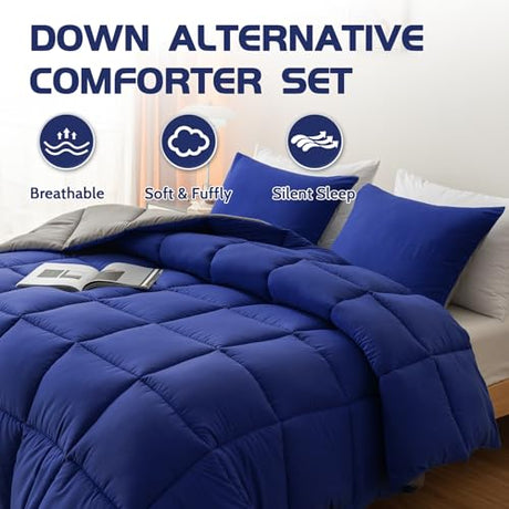 Decroom Lightweight Full Comforter Set with 2 Pillow Sham - 3 Pieces Set - Quilted Down Alternative Comforter/Duvet Insert for All Season - Blue/Grey - Full Size Decroom