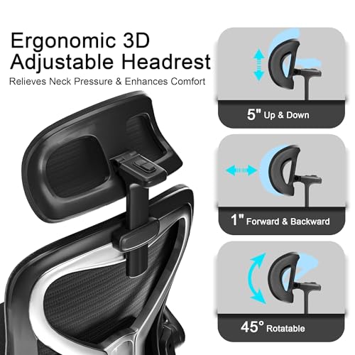 Ergonomic Office Chair, Mesh Desk Chair with Headrest, Lumbar Support, Thick Seat Cushion, Flip-up Arms, High Back Computer Task Chairs for Home Office (English, Black/Silver) CASASIO