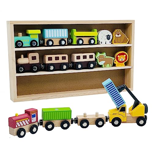 Wooden Trains Cars with Crane Magnetic Train 10pcs Wooden Train Toys with Animals for Wooden Train Tracks Train Sets for Toddlers and Kids Ages 3+ - WoodArtSupply