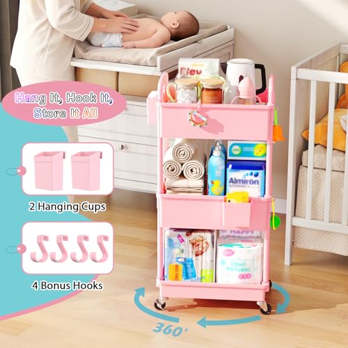 SUNALLY Baby Diaper Caddy Cart, 3 Tier Rolling Diaper Cart with Lockable Wheels for Nursery Essentials, Large Capacity & Easy Assemble Diaper Storage Organizer for Newborn,New Mom, Pink