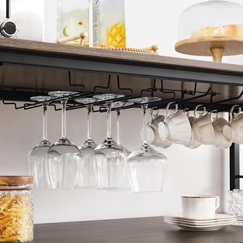 Yaheetech Kitchen Cart with Power Outlet, Rolling Kitchen Island on Wheels with Glass Holder & Hooks, Utility Trolley Cart Coffee Bar Microwave Stand Cart with Lockable Casters, Taupe Wood Yaheetech