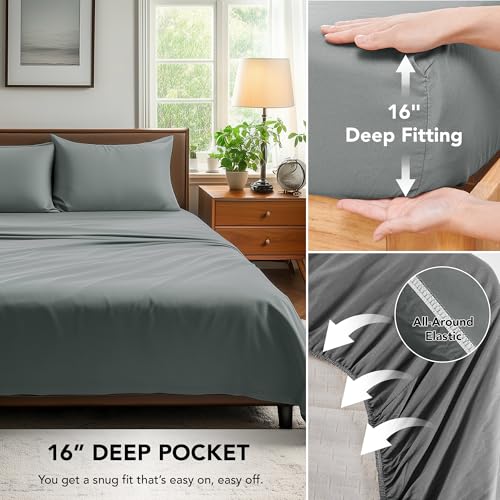 Deconovo Queen Sheet Set–4Piece Brushed Microfiber Bedding with Deep 16 inch Pocket,Soft & Durable Sheets,All‑Around Elastic Fitted,Machine Washable–1 Flat,1 Fitted,2 Pillowcases,Grey Deconovo