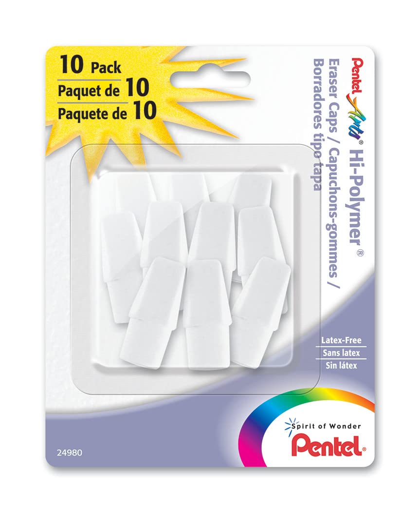Pentel Arts Hi-Polymer White Cap Erasers, Pack of 10 (ZEH02PABP10) Pentel