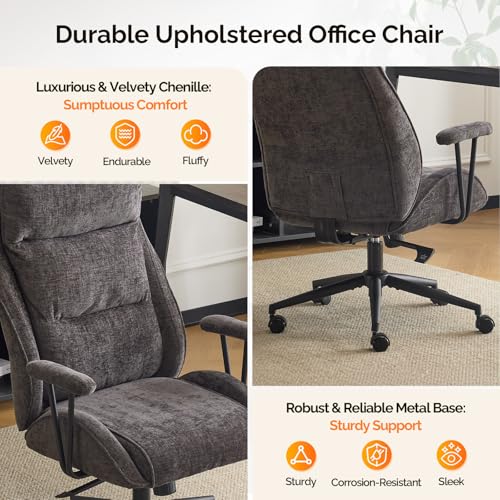 VINGLI Chenille Executive Ergonomic Fabric Office Chair with 100-130° Recline, High-Back Desk Chair with Adjustable Base & Padded Back & Wheels, Comfy Chair for Gaming, Computer, Home Office,Dark Gray VINGLI