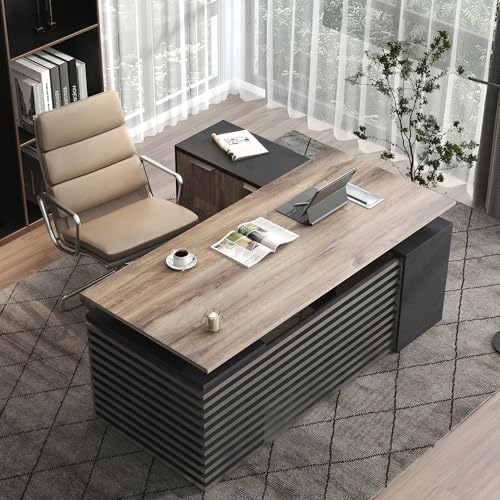 SAINTCY 70.87In L Shaped Executive Standing Desk with Drawers, Large Modern Adjustable Heigh Home Office Desk w/File Cabinet, AC/USB, Business Workstation, Black and Warm Oak SAINTCY