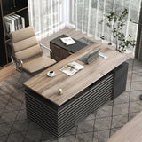 SAINTCY 70.87In L Shaped Executive Standing Desk with Drawers, Large Modern Adjustable Heigh Home Office Desk w/File Cabinet, AC/USB, Business Workstation, Black and Warm Oak SAINTCY