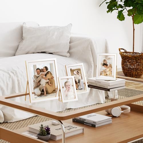 Axeman 8x10 Gold Floating Frame White Enamel Picture Frame with Metal Edge for 6x8, 5x7 up to 8x10 Photo Double Glass Floating Picture Frame for Desk Tabletop Shelf Vertical Display Axeman