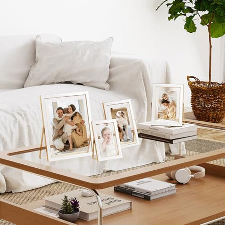 Axeman 8x10 Gold Floating Frame White Enamel Picture Frame with Metal Edge for 6x8, 5x7 up to 8x10 Photo Double Glass Floating Picture Frame for Desk Tabletop Shelf Vertical Display Axeman