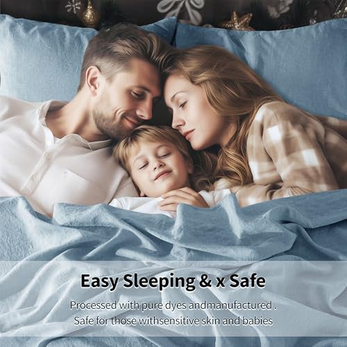 LBRO2M 100% Linen Sheet Set Twin XL Size,Bed Sheets 3 Piece Sets,Solid Color Natural Flax Bed Sheets Soft Breathable Bedding,16" Deep Pocket,All Season (Twin XL, Dusty Blue) LBRO2M