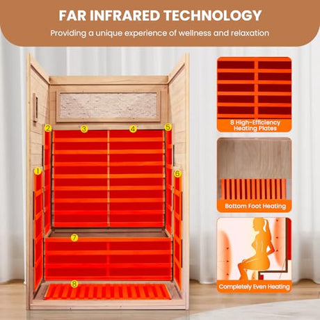 SAUNA Infrared Sauna 2 Person 2000W Low-EMF Wooden Home Spa Room Okoume Wood Indoor Dry Saunas with Intelligent Control Panel/Speaker/7-Colorful Starry Sky Light Two Person Sauna 47.3*41.3*74.8 IN HOSAUNA