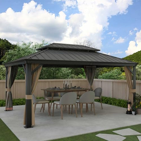 Yardsight 12' x 16' Hardtop Gazebo, Aluminum Frame Galvanized Steel Double Roof Pavilion Heavy Duty Permanent Gazebo with Mosquito Netting and Privacy Curtain for Patio, Garden, Lawn. Yardsight