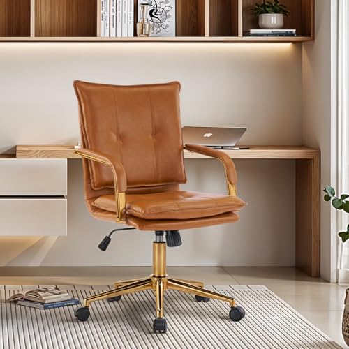 MOJAY Mid-Back Ergonomic Leather Office Chair, Modern Upholstered Executive Desk Chair with Gold Frame Armrest Computer Task Chair (Camel) MOJAY