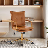 MOJAY Mid-Back Ergonomic Leather Office Chair, Modern Upholstered Executive Desk Chair with Gold Frame Armrest Computer Task Chair (Camel) MOJAY