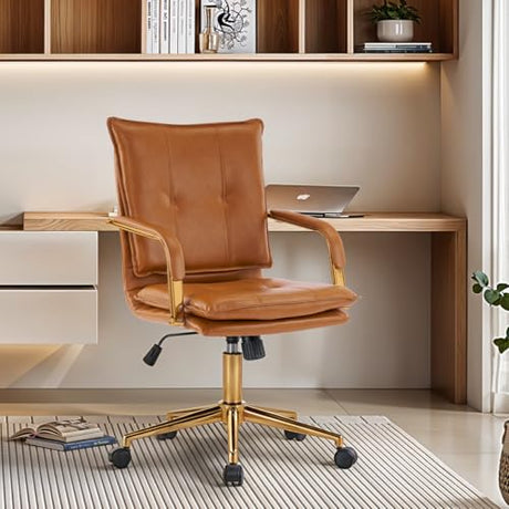 MOJAY Mid-Back Ergonomic Leather Office Chair, Modern Upholstered Executive Desk Chair with Gold Frame Armrest Computer Task Chair (Camel) MOJAY