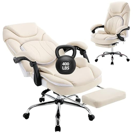 linting Ergonomic Reclining Office Chair with Footrest for Heavy People 400lbs Big Tall Comfortable Wide Recliner Home Office Desk Chair with Foot Leg Rest, Beige linting