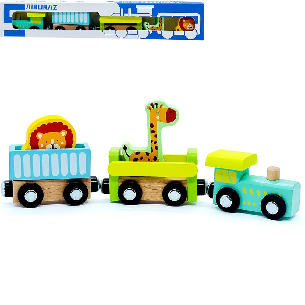 Wooden Trains Cars with Crane Magnetic Train Toys for Wooden Train Tracks Train Sets for Toddlers and Kids Ages 3+ (Zoo Train) SAIBURAZ