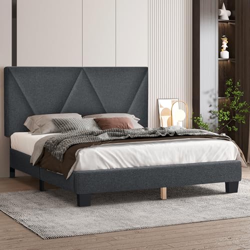 FINATI Queen Size Wood Platform Bed Frame with Upholstered Headboard for Noise-Free Sleep and Easy Assembly - WoodArtSupply