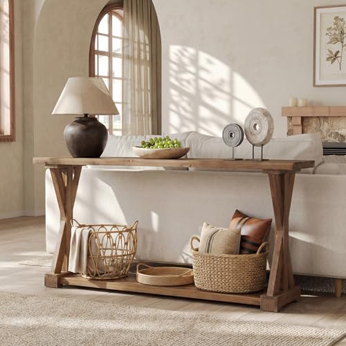 TRIBEWOOD Solid Wood Console Table for Entryway, 63-Inch Narrow Farmhouse Entryway Table with Storage, 2-Tier Sofa Console Behind Couch, for Living Room, Hallway, Easy Assembly, Rustic Brown TRIBEWOOD