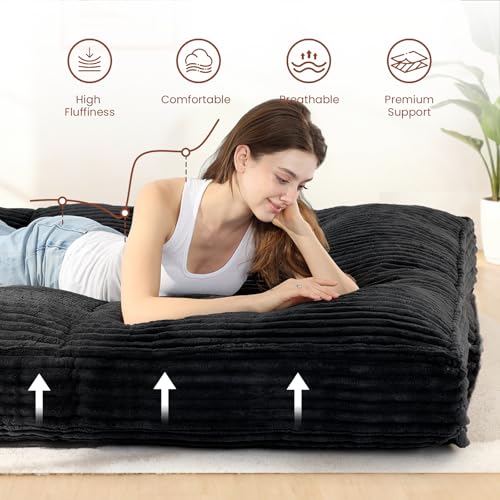 feliz home 10" Futon Mattress Queen Size,Futons Sofa Couch Bed with Straps, Thick Corduroy Floor Mattress for Adults, Roll Up Folding Mattress Shredded Foam Filling, Medium Firm (Black, Queen) feliz home