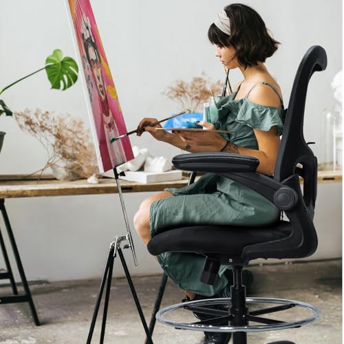 Drafting Chair, Ergonomic Tall Office Chair for Standing Desk, Counter Height Desk Chair with Adjustable Padded Armrests and Footrest Ring Standing Desk Chair Adjustable Height with Lumbar Support TOPBSHODC