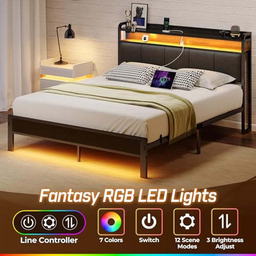 Rolanstar Queen Bed Frame with LED Lights, Upholstered Headboard, Charging Station, Storage Shelves, Heavy Duty Metal Slats, No Box Spring Needed, Noise Free, Easy Assembly, Dark Grey Rolanstar